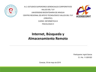 Participante: Ingrid Garcia
C.I. No. 11.026.922
Internet, Búsqueda y
Almacenamiento Remoto
A.C. ESTUDIOS SUPERIORES GERENCIALES CORPORATIVOS
VALLES DEL TUY
UNIVERSIDAD BICENTENARIA DE ARAGUA
CENTRO REGIONAL DE APOYO TECNOLÓGICO VALLES DEL TUY
(CREATEC)
CURSO: INFORMÁTICA III
PSICOLOGIA VI
Caracas, 30 de mayo de 2018
 