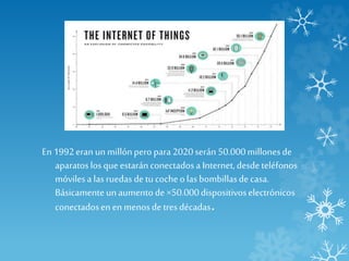 En1992eran unmillónperopara2020serán 50.000millonesde
aparatoslosqueestaránconectadosa Internet, desdeteléfonos
móvilesa lasruedasdetucocheolas bombillasdecasa.
Básicamenteunaumentode×50.000dispositivoselectrónicos
conectadosenenmenosdetresdécadas.
 