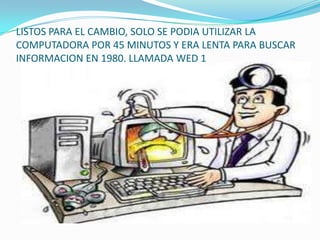 LISTOS PARA EL CAMBIO, SOLO SE PODIA UTILIZAR LA
COMPUTADORA POR 45 MINUTOS Y ERA LENTA PARA BUSCAR
INFORMACION EN 1980, LLAMADA WED 1
 