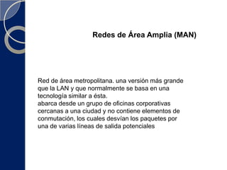 Redes de Área Amplia (WAN)Es aquella comúnmente compuesta por varias LAN interconectadas- en una extensa área geográfica- por medio de fibra óptica o enlaces aéreos, como satélites.    Entre las WAN más grandes se encuentran: ARPANET, creada por la Secretaría de Defensa de los Estados Unidos y que se convirtió en lo que actualmente es la WAN mundial: Internet.