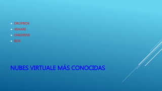 NUBES VIRTUALE MÁS CONOCIDAS
 DROPBOX
 4SHARE
 ONEDRIVE
 BOX
 