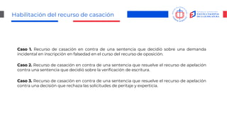 Habilitación del recurso de casación
Caso 1. Recurso de casación en contra de una sentencia que decidió sobre una demanda
incidental en inscripción en falsedad en el curso del recurso de oposición.
Caso 2. Recurso de casación en contra de una sentencia que resuelve el recurso de apelación
contra una sentencia que decidió sobre la verificación de escritura.
Caso 3. Recurso de casación en contra de una sentencia que resuelve el recurso de apelación
contra una decisión que rechaza las solicitudes de peritaje y experticia.
 