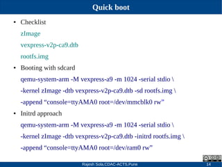 Rajesh Sola,CDAC-ACTS,Pune 14
Quick boot
● Checklist
zImage
vexpress­v2p­ca9.dtb
rootfs.img
● Booting with sdcard
qemu­system­arm ­M vexpress­a9 ­m 1024 ­serial stdio 
­kernel zImage ­dtb vexpress­v2p­ca9.dtb ­sd rootfs.img 
­append “console=ttyAMA0 root=/dev/mmcblk0 rw”
● Initrd approach
qemu­system­arm ­M vexpress­a9 ­m 1024 ­serial stdio 
­kernel zImage ­dtb vexpress­v2p­ca9.dtb ­initrd rootfs.img 
­append “console=ttyAMA0 root=/dev/ram0 rw”
 