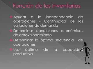  Ayudar a la independencia de
operaciones - Continuidad de las
variaciones de demanda
 Determinar condiciones económicas
de aprovisionamiento
 Determinar la óptima secuencia de
operaciones
 Uso óptimo de la capacidad
productiva
 