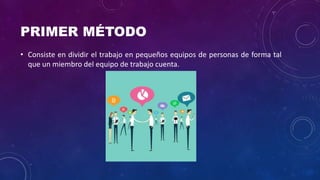 PRIMER MÉTODO
• Consiste en dividir el trabajo en pequeños equipos de personas de forma tal
que un miembro del equipo de trabajo cuenta.
 
