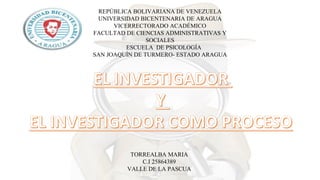 REPÚBLICA BOLIVARIANA DE VENEZUELA
UNIVERSIDAD BICENTENARIA DE ARAGUA
VICERRECTORADO ACADÉMICO
FACULTAD DE CIENCIAS ADMINISTRATIVAS Y
SOCIALES
ESCUELA DE PSICOLOGÍA
SAN JOAQUÍN DE TURMERO- ESTADO ARAGUA
TORREALBA MARIA
C.I 25864389
VALLE DE LA PASCUA
 