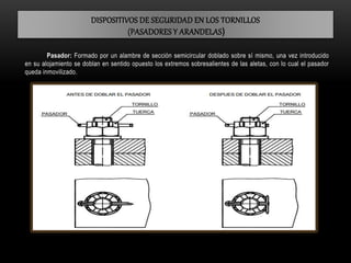 DISPOSITIVOS DE SEGURIDAD EN LOS TORNILLOS
(PASADORES Y ARANDELAS)
Pasador: Formado por un alambre de sección semicircular doblado sobre sí mismo, una vez introducido
en su alojamiento se doblan en sentido opuesto los extremos sobresalientes de las aletas, con lo cual el pasador
queda inmovilizado.
 