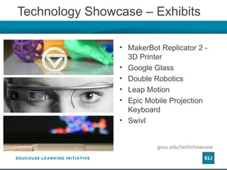 Technology Showcase – Exhibits
• MakerBot Replicator 2 -
3D Printer
• Google Glass
• Double Robotics
• Leap Motion
• Epic Mobile Projection
Keyboard
• Swivl
gvsu.edu/techshowcase