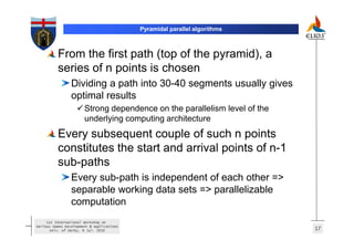 Pyramidal parallel algorithms



          From the first path (top of the pyramid), a
          series of n points is chosen
                 Dividing a path into 30-40 segments usually gives
                 optimal results
                       Strong dependence on the parallelism level of the
                       underlying computing architecture
          Every subsequent couple of such n points
          constitutes the start and arrival points of n-1
          sub-paths
                 Every sub-path is independent of each other =>
                 separable working data sets => parallelizable
                 computation
     1st International Workshop on
Serious Games Development & Applications
       Univ. of Derby, 8 Jul. 2010                                         17
 