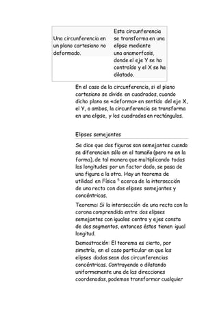 Una circunferencia en
un plano cartesiano no
deformado.
Esta circunferencia
se transforma en una
elipse mediante
una anamorfosis,
donde el eje Y se ha
contraído y el X se ha
dilatado.
En el caso de la circunferencia, si el plano
cartesiano se divide en cuadrados, cuando
dicho plano se «deforma» en sentido del eje X,
el Y, o ambos, la circunferencia se transforma
en una elipse, y los cuadrados en rectángulos.
Elipses semejantes
Se dice que dos figuras son semejantes cuando
se diferencian sólo en el tamaño (pero no en la
forma), de tal manera que multiplicando todas
las longitudes por un factor dado, se pasa de
una figura a la otra. Hay un teorema de
utilidad en Física 5
acerca de la intersección
de una recta con dos elipses semejantes y
concéntricas.
Teorema: Si la intersección de una recta con la
corona comprendida entre dos elipses
semejantes con iguales centro y ejes consta
de dos segmentos, entonces éstos tienen igual
longitud.
Demostración: El teorema es cierto, por
simetría, en el caso particular en que las
elipses dadas sean dos circunferencias
concéntricas. Contrayendo o dilatando
uniformemente una de las direcciones
coordenadas, podemos transformar cualquier
 