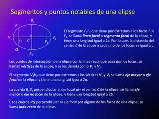 Segmentos y puntos notables de una elipse
B2
P

V1

F1

C

F2

V2

El segmento F1F2 que tiene por extremos a los focos F1 y
F2 se llama línea focal o segmento focal de la elipse, y
tiene una longitud igual a 2c. Por lo que, la distancia del
centro C de la elipse a cada uno de los focos es igual a c.

Q
B1
Los puntos de intersección de la elipse con la línea recta que pasa por los focos, se
llaman vértices de la elipse, y se les denota como V1 y V2.

El segmento V1V2 que tiene por extremos a los vértices V1 y V2 se llama eje mayor o eje
focal de la elipse, y tiene una longitud igual a 2a.
La cuerda B1B2 perpendicular al eje focal por el centro C de la elipse, se llama eje
menor o eje no focal de la elipse, y tiene una longitud igual a 2b.
Cada cuerda PQ perpendicular al eje focal por alguno de los focos de una elipse, se
llama lado recto de la elipse.

 
