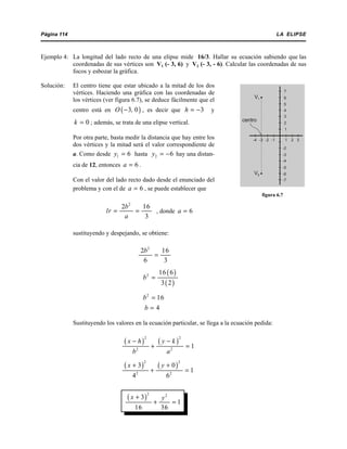 LA ELIPSEPágina 114
Ejemplo 4: La longitud del lado recto de una elipse mide 16/3. Hallar su ecuación sabiendo que las
coordenadas de sus vértices son V1 (- 3, 6) y V2 (- 3, - 6). Calcular las coordenadas de sus
focos y esbozar la gráfica.
Solución: El centro tiene que estar ubicado a la mitad de los dos
vértices. Haciendo una gráfica con las coordenadas de
los vértices (ver figura 6.7), se deduce fácilmente que el
centro está en , es decir que y( )3 0O ,− 3h = −
; además, se trata de una elipse vertical.0k =
Por otra parte, basta medir la distancia que hay entre los
dos vértices y la mitad será el valor correspondiente de
a. Como desde hasta hay una distan-1 6y = 2 6y = −
cia de 12, entonces .6a =
Con el valor del lado recto dado desde el enunciado del
problema y con el de , se puede establecer que6a =
, donde
2
2 16
3
b
lr
a
= = 6a =
sustituyendo y despejando, se obtiene:
2
2 16
6 3
b
=
( )
( )
2 16 6
3 2
b =
2
16b =
4b =
Sustituyendo los valores en la ecuación particular, se llega a la ecuación pedida:
( ) ( )
2 2
2 2
1
x h y k
b a
− −
+ =
( ) ( )
2 2
2 2
3 0
1
4 6
x y+ +
+ =
( )
2 2
3
1
16 36
x y+
+ =
V1
V2
1 2 3-1-2-3-4
1
2
3
4
5
6
-2
-3
-4
-5
-6
-7
7
centro
figura 6.7
 