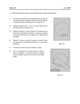 LA ELIPSEPágina 120
6.3 INSTRUCCIONES PARA CONSTRUIR UNA ELIPSE CON PAPEL
1) En una hoja tamaño carta de papel albanene, trazar una
circunferencia que abarque al máximo la hoja. Marcar
el centro de dicha circunferencia (ver figura 6.11).
2) Dibujar un punto entre 1.5 cm y 2 cm por adentro de la
circunferencia (ver figura 6.11).
3) Doblar la hoja por la parte posterior, de manera que la
línea de la circunferencia trazada en el paso1 coincida
con el punto del paso 2 (ver figura 6.12). Marcar bien
el doblez.
4) Repetir el proceso anterior haciendo coincidir ahora
otro punto de la circunferencia del paso 1 con el punto
del paso 2.
5) Continuar así hasta llenar de dobleces la hoja.
6) Una vez concluida la construcción de la elipse a
base de dobleces, el alumno deberá de manera
intuitiva deducir cuáles son los dos focos de dicha
elipse.
1.5 a 2 cms
figura 6.11
Hacer coincidir la
línea con el punto
figura 6.12
 