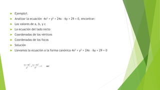  Ejemplo1.
 Analizar la ecuación 4x2 + y2 + 24x – 6y + 29 = 0, encontrar:
 Los valores de a, b, y c
 La ecuación del lado recto
 Coordenadas de los vértices
 Coordenadas de los focos
 Solución
 Llevamos la ecuación a la forma canónica 4x2 + y2 + 24x – 6y + 29 = 0
1
)()(
2
2
2
2




b
ky
a
hx
así:
 