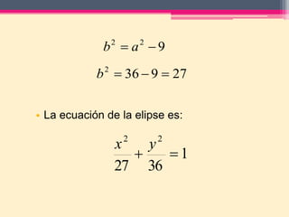• La ecuación de la elipse es:
922
 ab
279362
b
1
3627
22

yx
 
