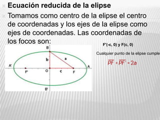  Ecuación reducida de la elipse
 Tomamos como centro de la elipse el centro
  de coordenadas y los ejes de la elipse como
  ejes de coordenadas. Las coordenadas de
  los focos son:                F'(-c, 0) y F(c, 0)

                                 Cualquier punto de la elipse cumple:
 