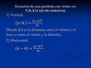 Ecuacion de una parábola con vértice en 
V 풉, 풌 풚 풆풋풆 풅풆 풔풊풎풆풕풓풊풂. 
1) Vertical. 
푦−k = 
푥−ℎ 2 
4푐 
, 
Donde 푐 es la distancia entre el vértice y el 
foco o entre el vértice y la directriz. 
2) Horizontal. 
푥 − ℎ = 
푦−푘 2 
4푐 
 