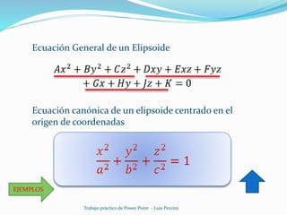 Ecuación General de un Elipsoide
Ecuación canónica de un elipsoide centrado en el
origen de coordenadas
Trabajo práctico de Power Point - Luis Pezzini
EJEMPLOS
 