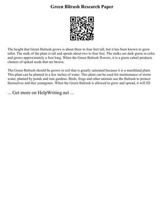 Green Bilrush Research Paper
The height that Green Bulrush grows is about three to four feet tall, but it has been known to grow
taller. The stalk of the plant is tall and spreds about two to four feet. The stalks are dark green in color
and grows approximately a foot long. When the Green Bulrush flowers, it is a green cattail products
clusters of spiked seeds that are brown.
The Green Bulrush should be grown in soil that is greatly saturated because it is a marshland plant.
This plant can be planted in a few inches of water. This plant can be used for maintenance of storm
water, planted by ponds and rain gardens. Birds, frogs and other animals use the Bulrush to protect
themselves and ther youngones. When the Green Bulrush is allowed to grow and spread, it will fill
... Get more on HelpWriting.net ...
 