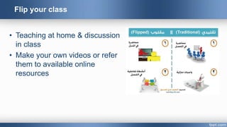 Flip your class
• Teaching at home & discussion
in class
• Make your own videos or refer
them to available online
resources
 