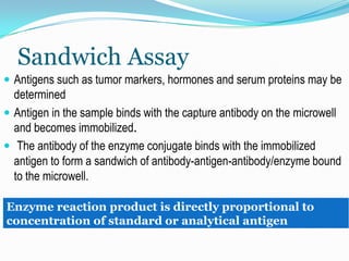 Sandwich Assay
 Antigens such as tumor markers, hormones and serum proteins may be
  determined
 Antigen in the sample binds with the capture antibody on the microwell
  and becomes immobilized.
 The antibody of the enzyme conjugate binds with the immobilized
  antigen to form a sandwich of antibody-antigen-antibody/enzyme bound
  to the microwell.

Enzyme reaction product is directly proportional to
concentration of standard or analytical antigen
 