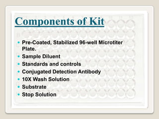 Components of Kit
 Pre-Coated, Stabilized 96-well Microtiter







Plate.
Sample Diluent
Standards and controls
Conjugated Detection Antibody
10X Wash Solution
Substrate
Stop Solution

 