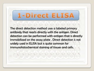The direct detection method uses a labeled primary
antibody that reacts directly with the antigen. Direct
detection can be performed with antigen that is directly
immobilized on the assay plate . Direct detection is not
widely used in ELISA but is quite common for
immunohistochemical staining of tissues and cells.

 