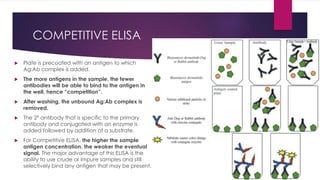 COMPETITIVE ELISA
 Plate is precoated with an antigen to which
Ag:Ab complex is added.
 The more antigens in the sample, the fewer
antibodies will be able to bind to the antigen in
the well, hence “competition”.
 After washing, the unbound Ag:Ab complex is
removed.
 The 2° antibody that is specific to the primary
antibody and conjugated with an enzyme is
added followed by addition of a substrate.
 For Competitive ELISA, the higher the sample
antigen concentration, the weaker the eventual
signal. The major advantage of this ELISA is the
ability to use crude or impure samples and still
selectively bind any antigen that may be present.
 