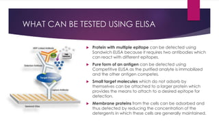 WHAT CAN BE TESTED USING ELISA
 Protein with multiple epitope can be detected using
Sandwich ELISA because it requires two antibodies which
can react with different epitopes.
 Pure form of an antigen can be detected using
Competitive ELISA as the purified analyte is immobilized
and the other antigen competes.
 Small target molecules which do not adsorb by
themselves can be attached to a larger protein which
provides the means to attach to a desired epitope for
detection.
 Membrane proteins from the cells can be adsorbed and
thus detected by reducing the concentration of the
detergents in which these cells are generally maintained.
 