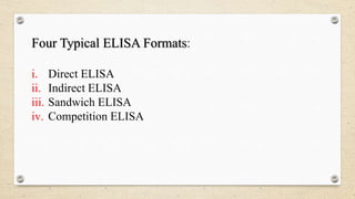 Four Typical ELISA Formats:
i. Direct ELISA
ii. Indirect ELISA
iii. Sandwich ELISA
iv. Competition ELISA
 