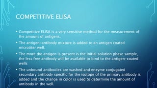 COMPETITIVE ELISA
• Competitive ELISA is a very sensitive method for the measurement of
the amount of antigens.
• The antigen-antibody mixture is added to an antigen coated
microtiter well.
• The more the antigen is present is the initial solution phase sample,
the less free antibody will be available to bind to the antigen-coated
wells
• The unbound antibodies are washed and enzyme conjugated
secondary antibody specific for the isotope of the primary antibody is
added and the change in color is used to determine the amount of
antibody in the well.
 