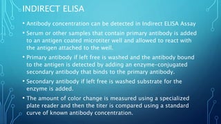 INDIRECT ELISA
• Antibody concentration can be detected in Indirect ELISA Assay
• Serum or other samples that contain primary antibody is added
to an antigen coated microtiter well and allowed to react with
the antigen attached to the well.
• Primary antibody if left free is washed and the antibody bound
to the antigen is detected by adding an enzyme-conjugated
secondary antibody that binds to the primary antibody.
• Secondary antibody if left free is washed substrate for the
enzyme is added.
• The amount of color change is measured using a specialized
plate reader and then the titer is compared using a standard
curve of known antibody concentration.
 
