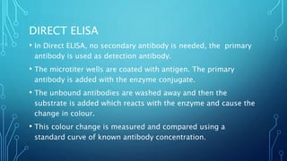 DIRECT ELISA
• In Direct ELISA, no secondary antibody is needed, the primary
antibody is used as detection antibody.
• The microtiter wells are coated with antigen. The primary
antibody is added with the enzyme conjugate.
• The unbound antibodies are washed away and then the
substrate is added which reacts with the enzyme and cause the
change in colour.
• This colour change is measured and compared using a
standard curve of known antibody concentration.
 