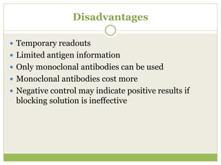 Disadvantages
 Temporary readouts
 Limited antigen information
 Only monoclonal antibodies can be used
 Monoclonal antibodies cost more
 Negative control may indicate positive results if
blocking solution is ineffective
 