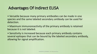 Advantages Of Indirect ELISA
• Versatile because many primary antibodies can be made in one
species and the same labeled secondary antibody can be used for
detection.
• Maximum immunoreactivity of the primary antibody is retained
because it is not labeled.
• Sensitivity is increased because each primary antibody contains
several epitopes that can be bound by the labeled secondary antibody,
allowing for signal amplification.
NAMRATA CHHABRA- Our Biochemistry 21
 