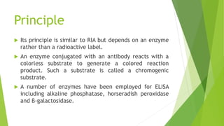 Principle
 Its principle is similar to RIA but depends on an enzyme
rather than a radioactive label.
 An enzyme conjugated with an antibody reacts with a
colorless substrate to generate a colored reaction
product. Such a substrate is called a chromogenic
substrate.
 A number of enzymes have been employed for ELISA
including alkaline phosphatase, horseradish peroxidase
and β-galactosidase.
 