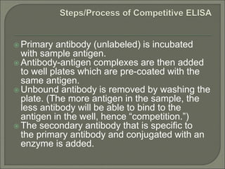  Primary antibody (unlabeled) is incubated
with sample antigen.
 Antibody-antigen complexes are then added
to well plates which are pre-coated with the
same antigen.
 Unbound antibody is removed by washing the
plate. (The more antigen in the sample, the
less antibody will be able to bind to the
antigen in the well, hence “competition.”)
 The secondary antibody that is specific to
the primary antibody and conjugated with an
enzyme is added.
 