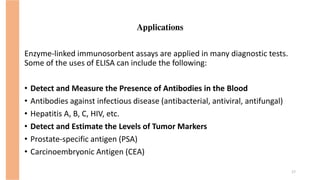 Applications
Enzyme-linked immunosorbent assays are applied in many diagnostic tests.
Some of the uses of ELISA can include the following:
• Detect and Measure the Presence of Antibodies in the Blood
• Antibodies against infectious disease (antibacterial, antiviral, antifungal)
• Hepatitis A, B, C, HIV, etc.
• Detect and Estimate the Levels of Tumor Markers
• Prostate-specific antigen (PSA)
• Carcinoembryonic Antigen (CEA)
17
 