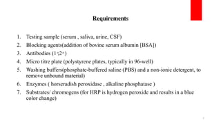 Requirements
1. Testing sample (serum , saliva, urine, CSF)
2. Blocking agents(addition of bovine serum albumin [BSA])
3. Antibodies (1 ͦ,2 ͦ )
4. Micro titre plate (polystyrene plates, typically in 96-well)
5. Washing buffers(phosphate-buffered saline (PBS) and a non-ionic detergent, to
remove unbound material)
6. Enzymes ( horseradish peroxidase , alkaline phosphatase )
7. Substrates/ chromogens (for HRP is hydrogen peroxide and results in a blue
color change)
7
 