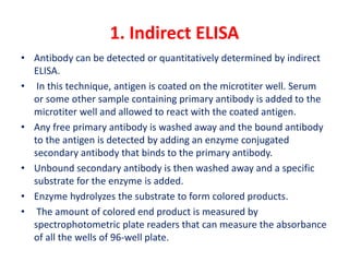 1. Indirect ELISA
• Antibody can be detected or quantitatively determined by indirect
ELISA.
• In this technique, antigen is coated on the microtiter well. Serum
or some other sample containing primary antibody is added to the
microtiter well and allowed to react with the coated antigen.
• Any free primary antibody is washed away and the bound antibody
to the antigen is detected by adding an enzyme conjugated
secondary antibody that binds to the primary antibody.
• Unbound secondary antibody is then washed away and a specific
substrate for the enzyme is added.
• Enzyme hydrolyzes the substrate to form colored products.
• The amount of colored end product is measured by
spectrophotometric plate readers that can measure the absorbance
of all the wells of 96-well plate.
 