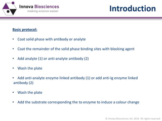 © Innova Biosciences ltd. 2014. All rights reserved
Introduction
Basic protocol:
• Coat solid phase with antibody or analyte
• Coat the remainder of the solid phase binding sites with blocking agent
• Add analyte (1) or anti-analyte antibody (2)
• Wash the plate
• Add anti-analyte enzyme linked antibody (1) or add anti-Ig enzyme linked
antibody (2)
• Wash the plate
• Add the substrate corresponding the to enzyme to induce a colour change
 