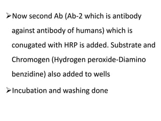 Now second Ab (Ab-2 which is antibody
against antibody of humans) which is
conugated with HRP is added. Substrate and
Chromogen (Hydrogen peroxide-Diamino
benzidine) also added to wells
Incubation and washing done
 