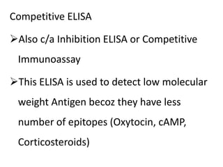 Competitive ELISA
Also c/a Inhibition ELISA or Competitive
Immunoassay
This ELISA is used to detect low molecular
weight Antigen becoz they have less
number of epitopes (Oxytocin, cAMP,
Corticosteroids)
 