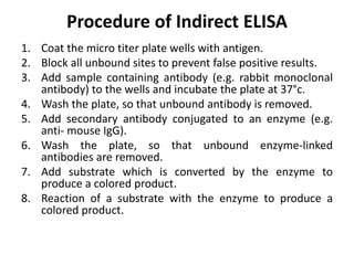Procedure of Indirect ELISA
1. Coat the micro titer plate wells with antigen.
2. Block all unbound sites to prevent false positive results.
3. Add sample containing antibody (e.g. rabbit monoclonal
antibody) to the wells and incubate the plate at 37°c.
4. Wash the plate, so that unbound antibody is removed.
5. Add secondary antibody conjugated to an enzyme (e.g.
anti- mouse IgG).
6. Wash the plate, so that unbound enzyme-linked
antibodies are removed.
7. Add substrate which is converted by the enzyme to
produce a colored product.
8. Reaction of a substrate with the enzyme to produce a
colored product.
 