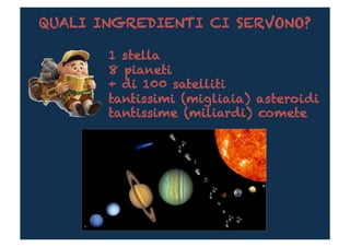 QUALI INGREDIENTI CI SERVONO?

       1 stella
       8 pianeti
       + di 100 satelliti
       tantissimi (migliaia) asteroidi
       tantissime (miliardi) comete
 