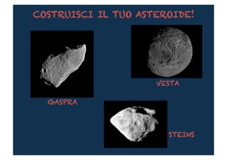 COSTRUISCI IL TUO ASTEROIDE!




                     VESTA	
  

  GASPRA	
  



                         STEINS	
  
 