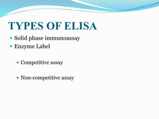 TYPES OF ELISA
 Solid phase immunoassay
 Enzyme Label
 Competitive assay
 Non-competitive assay
 