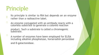 Principle
Its principle is similar to RIA but depends on an enzyme
rather than a radioactive label.
An enzyme conjugated with an antibody reacts with a
colorless substrate to generate a colored reaction
product. Such a substrate is called a chromogenic
substrate.
A number of enzymes have been employed for ELISA
including alkaline phosphatase, horseradish peroxidase
and β-galactosidase.
 