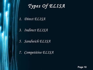 Types Of ELISA Direct ELISA Indirect ELISA Sandwich ELISA Competitive ELISA 