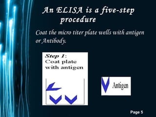 An ELISA is a five-step procedure Coat the micro titer plate wells with antigen or Antibody. 